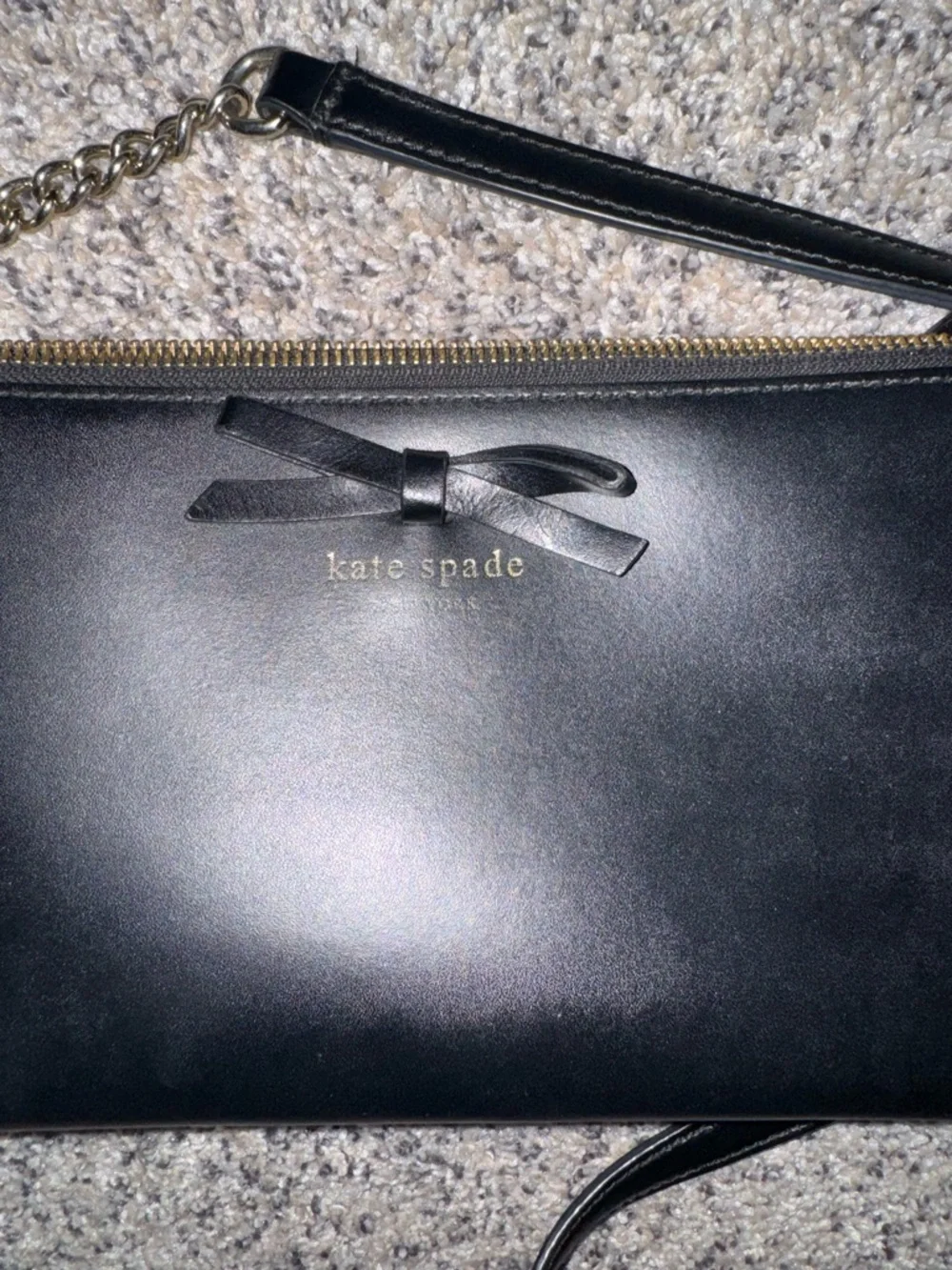 Kate Spade Black Leather Bow Shoulder Bag Crossbody Gold Chain Minimal Chic